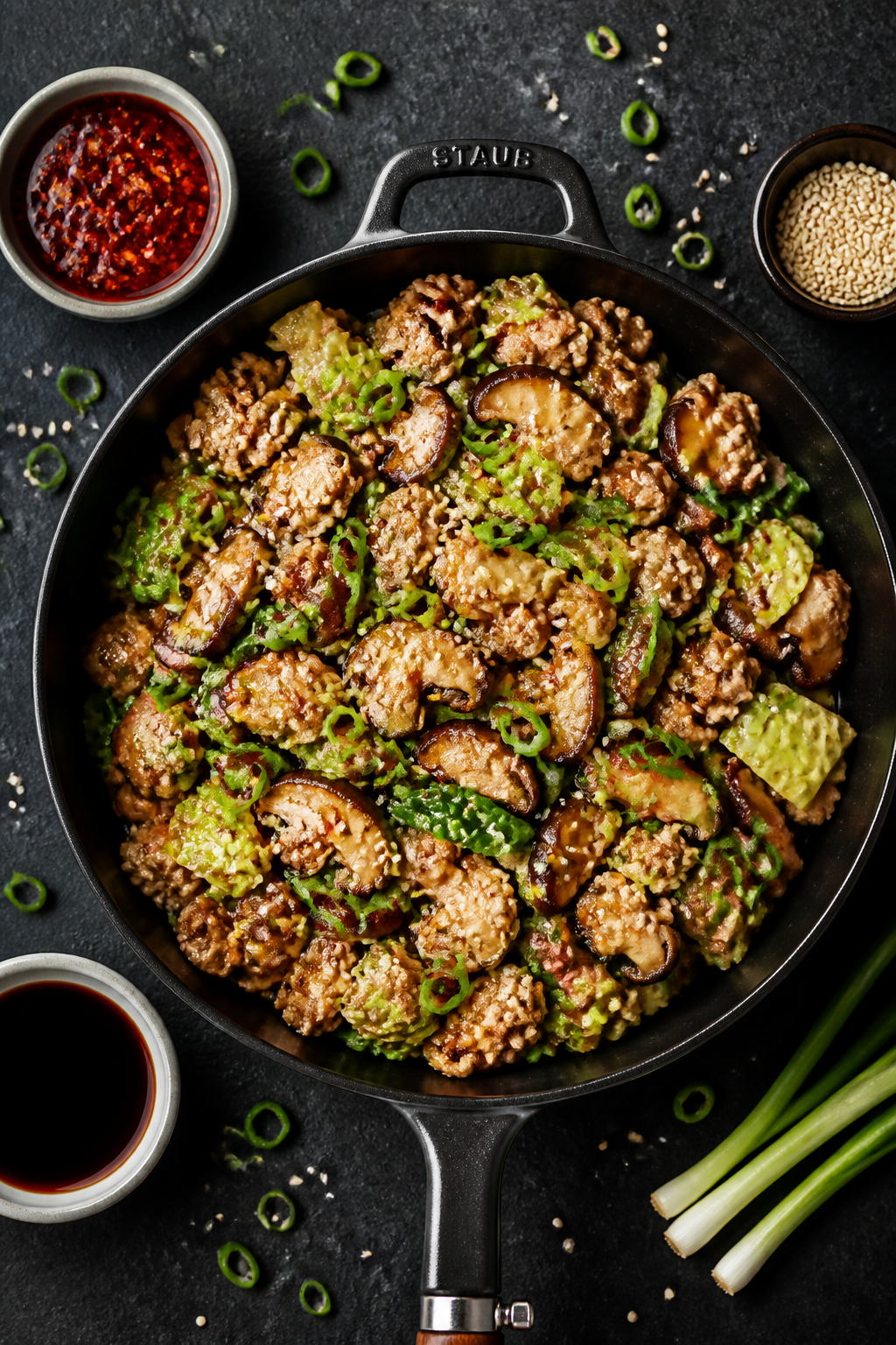 Tasty top view: Overhead shot of a family-style skillet presentation of the finished dish—turkey, 