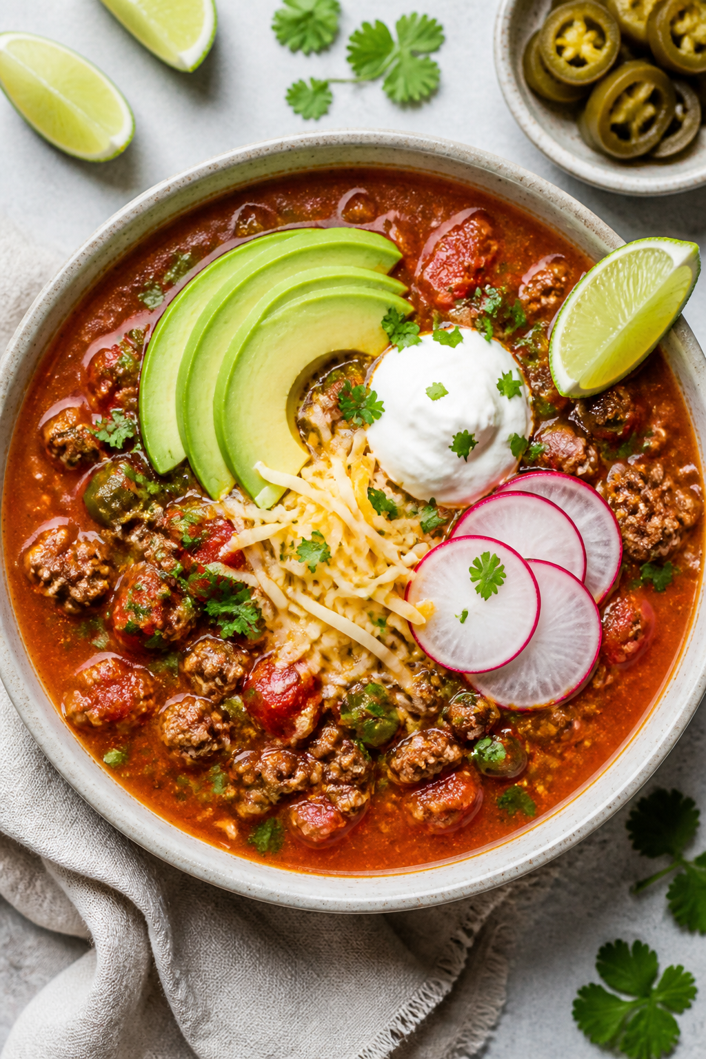 Tasty top view: Overhead shot of a hearty bowl of low-carb ground turkey taco soup—rich tomato-chi
