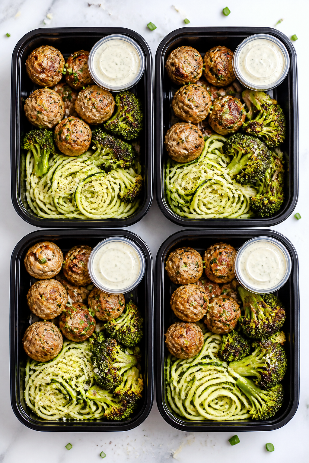 Tasty top view: Overhead shot of a keto meal-prep spread—neat rows of cooked bacon ranch meatballs