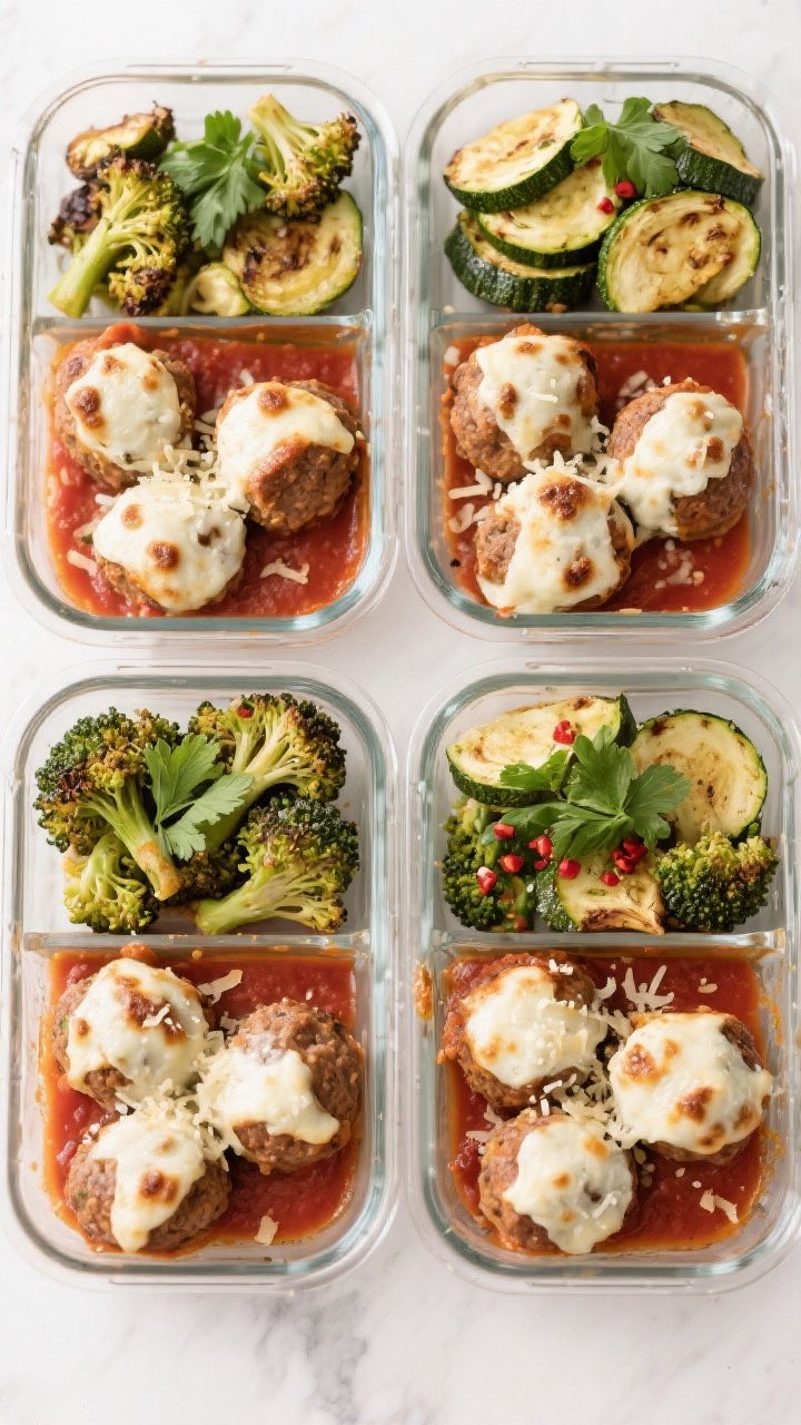 Tasty top view: Overhead shot of a meal-prep spread—four divided glass containers filled with 4–