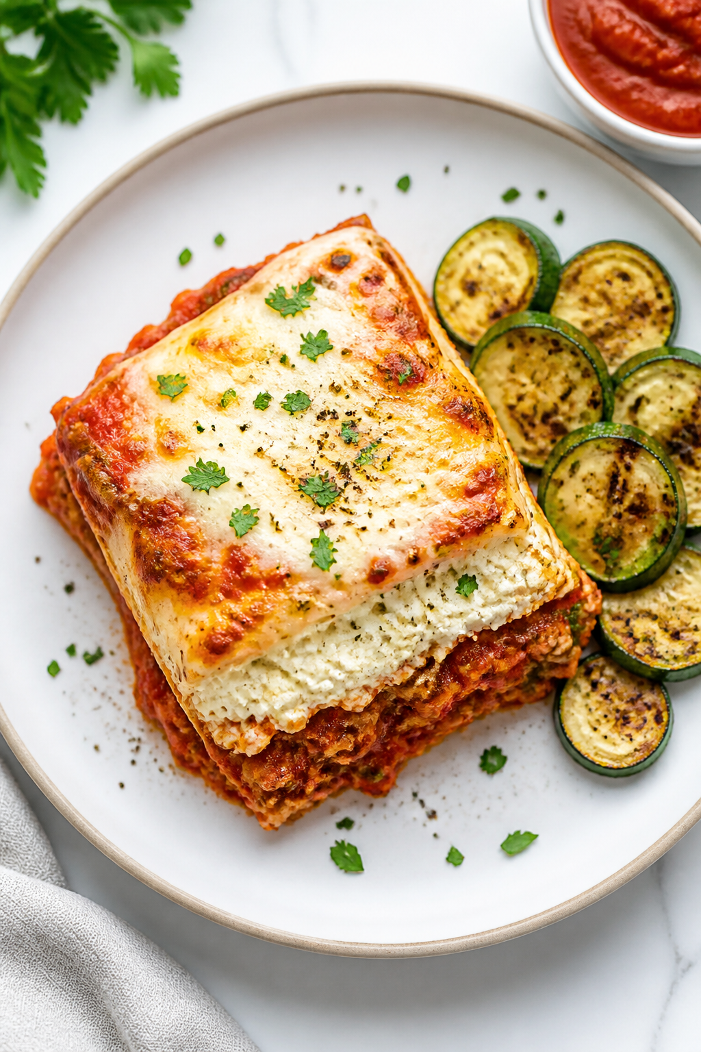 Tasty top view: Overhead shot of a neatly sliced portion of the casserole plated on a white rimmed p