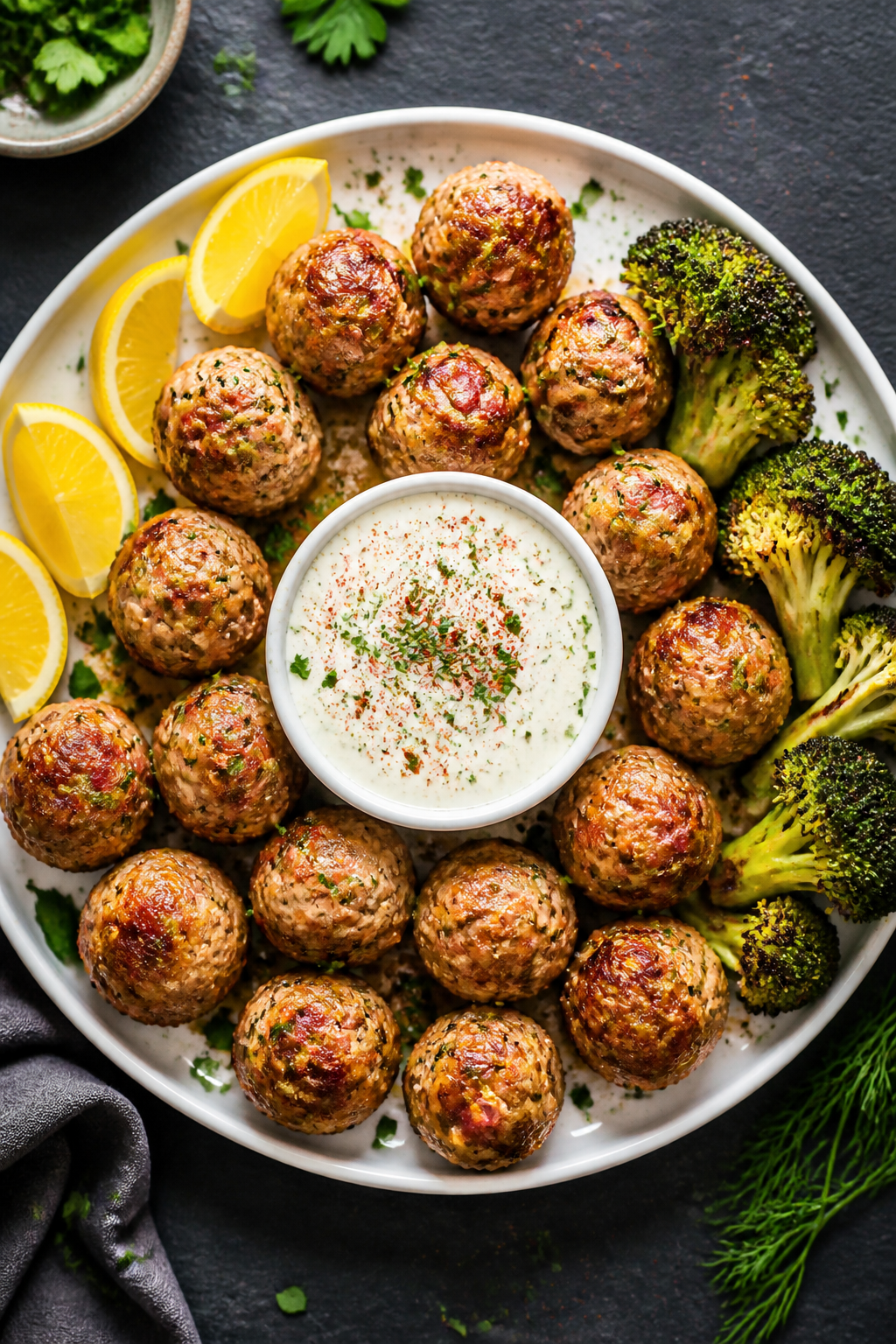 Tasty top view: Overhead shot of a platter of keto turkey bacon ranch meatballs arranged in a circul