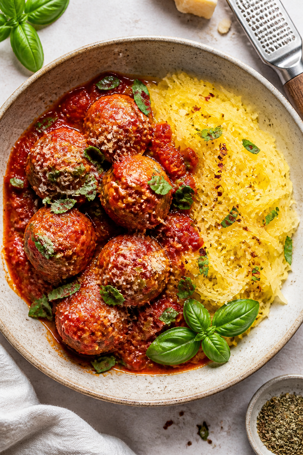 Tasty top-view: Overhead shot of a rustic bowl filled with glossy meatballs tossed lightly in marina