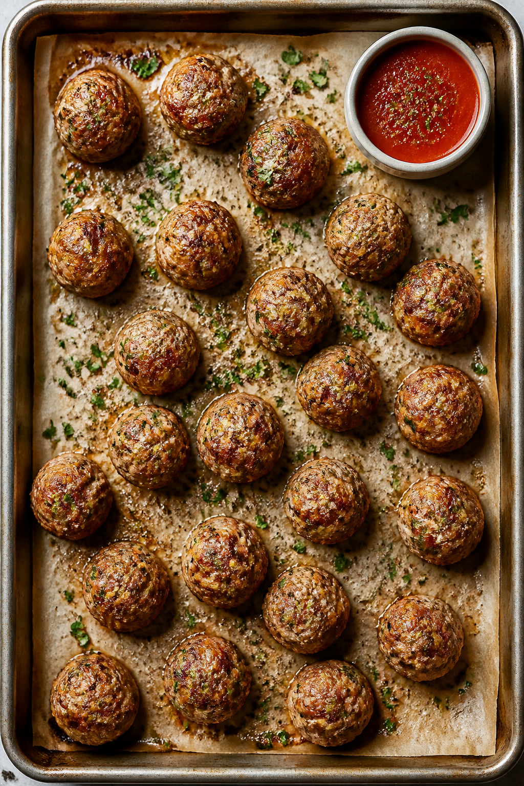 Tasty top view: Overhead shot of a sheet pan just out of the oven with 18–22 baked Keto Garlic Asi