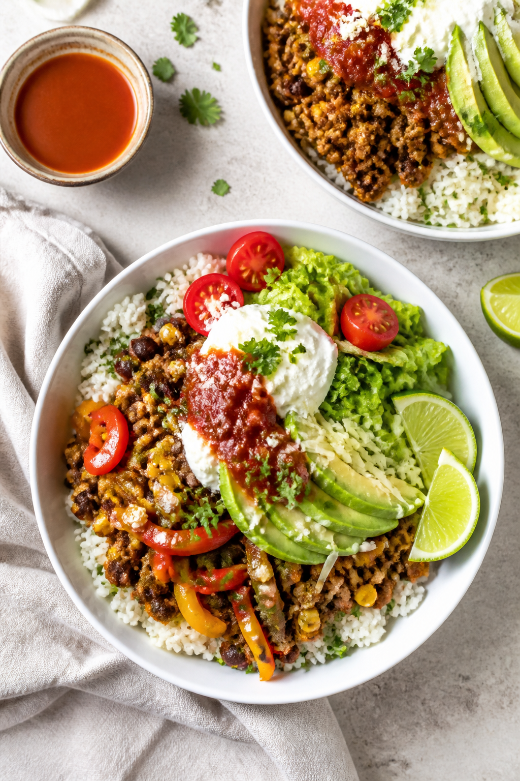 Tasty top view: Overhead shot of assembled Ground Turkey Loaded Taco Bowls—fluffy cilantro-lime wh