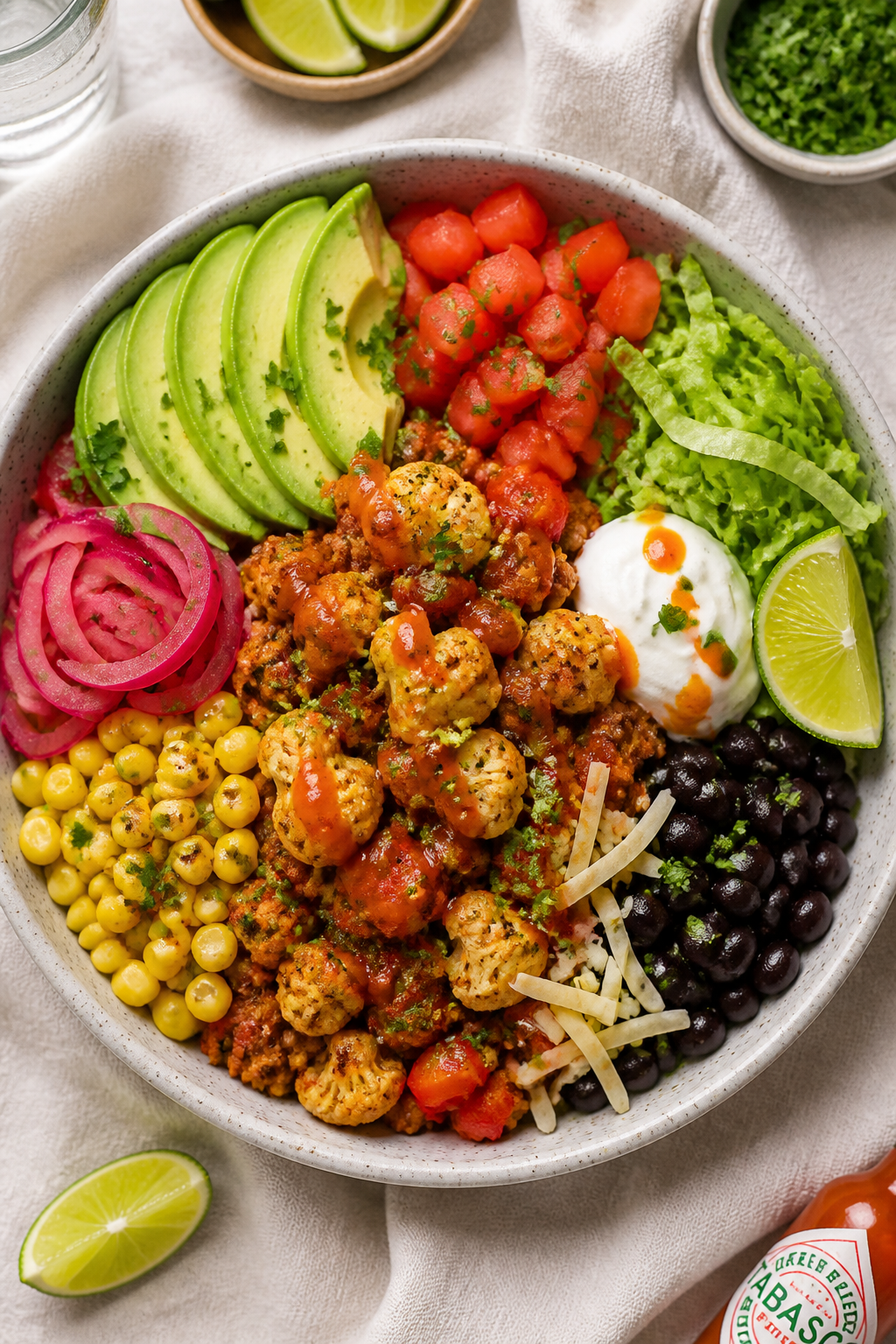 Tasty top view: Overhead shot of assembled Ground Turkey Chipotle Cauliflower Bowls, showing a gener