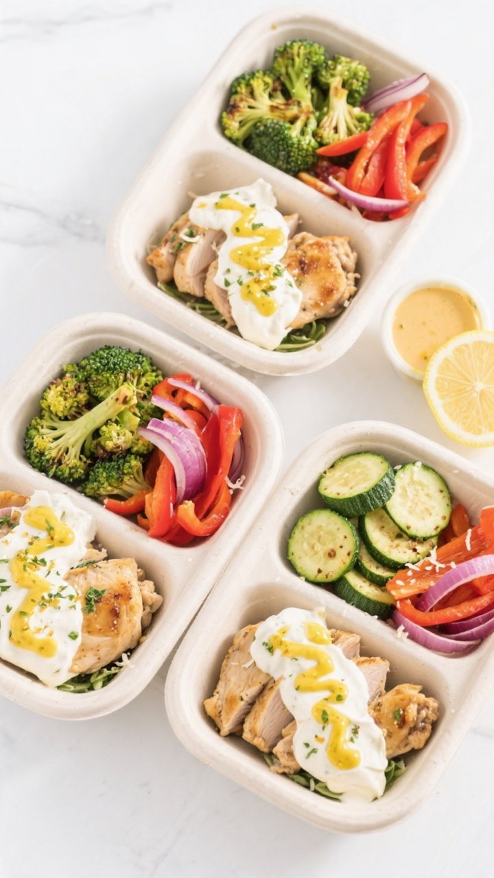 Tasty top view: Overhead shot of assembled Keto Chicken Thigh Meal Prep Bowls in 4 compartment conta