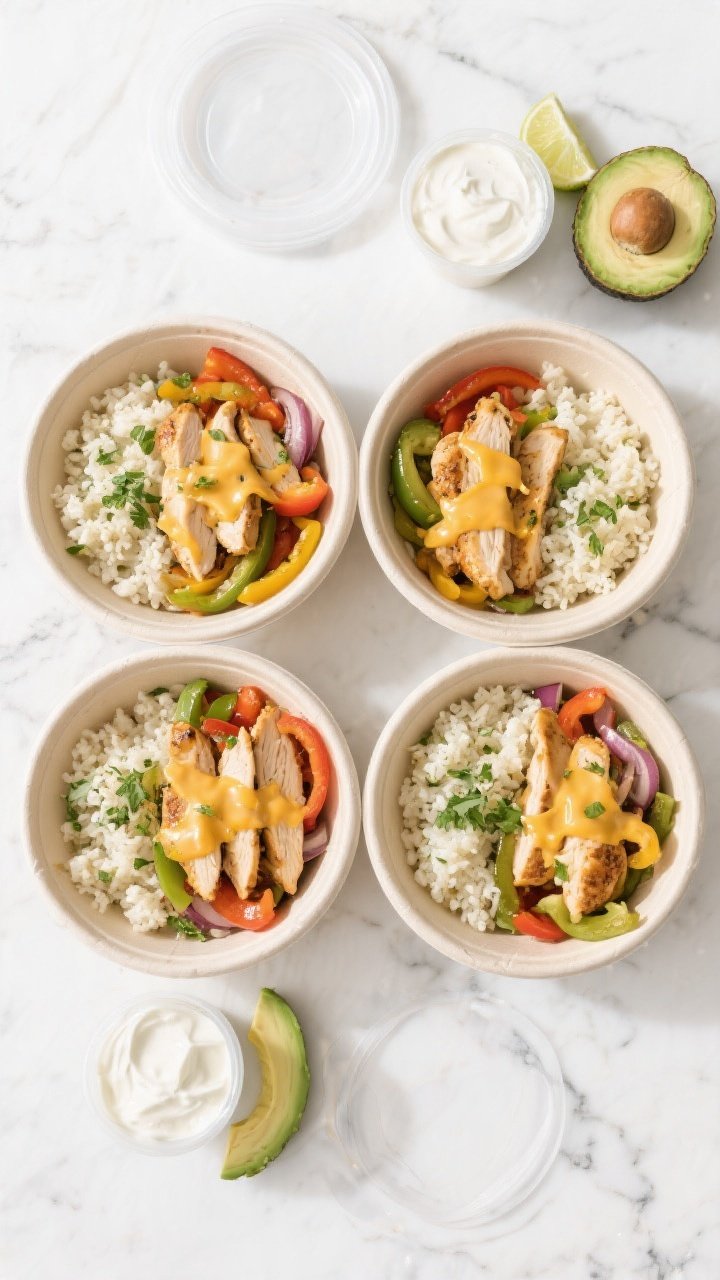 Tasty top view: Overhead shot of assembled Keto Chicken Fajita Meal Prep Bowls—quadrant-style layo