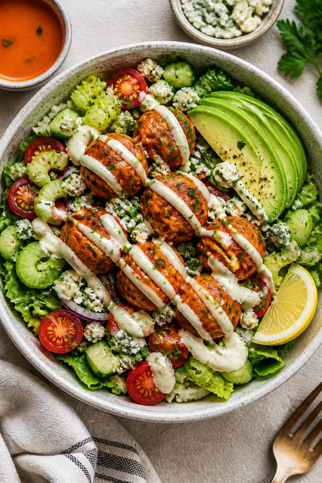 Tasty top view: Overhead shot of assembled Keto Turkey Buffalo Meatball Bowl—crisp chopped romaine