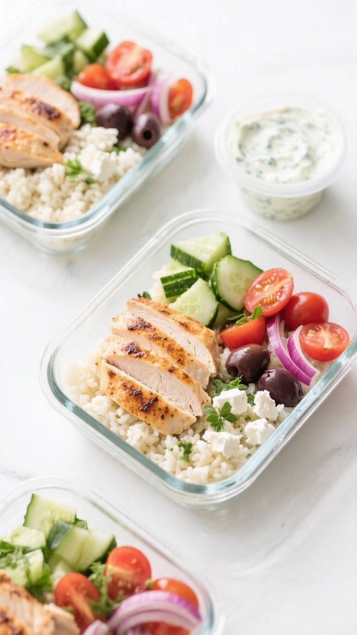 Tasty top view: Overhead shot of assembled Low Carb Greek Chicken Meal Prep Bowls in rectangular gla