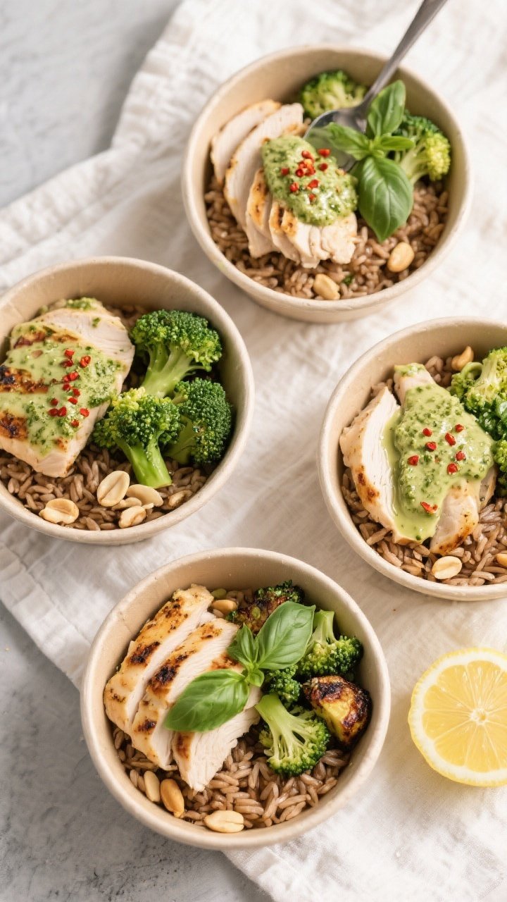 Tasty top view: Overhead shot of assembled meal prep bowls—quarters of brown rice, roasted broccol