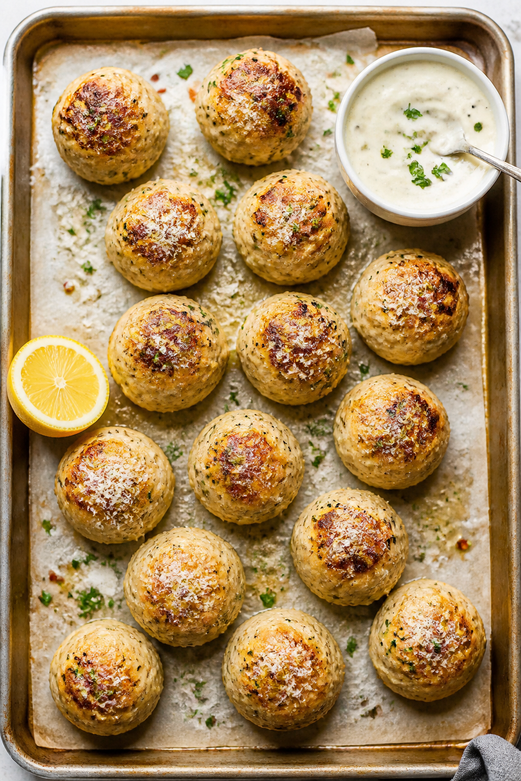 Tasty top view: Overhead shot of baked garlic Parmesan chicken meatballs arranged on a parchment-lin