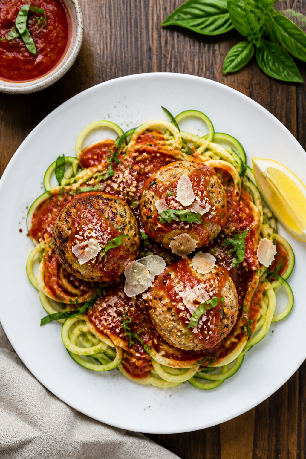 Tasty top view: Overhead shot of beautifully plated Low Carb Turkey Parmesan Meatballs over zucchini
