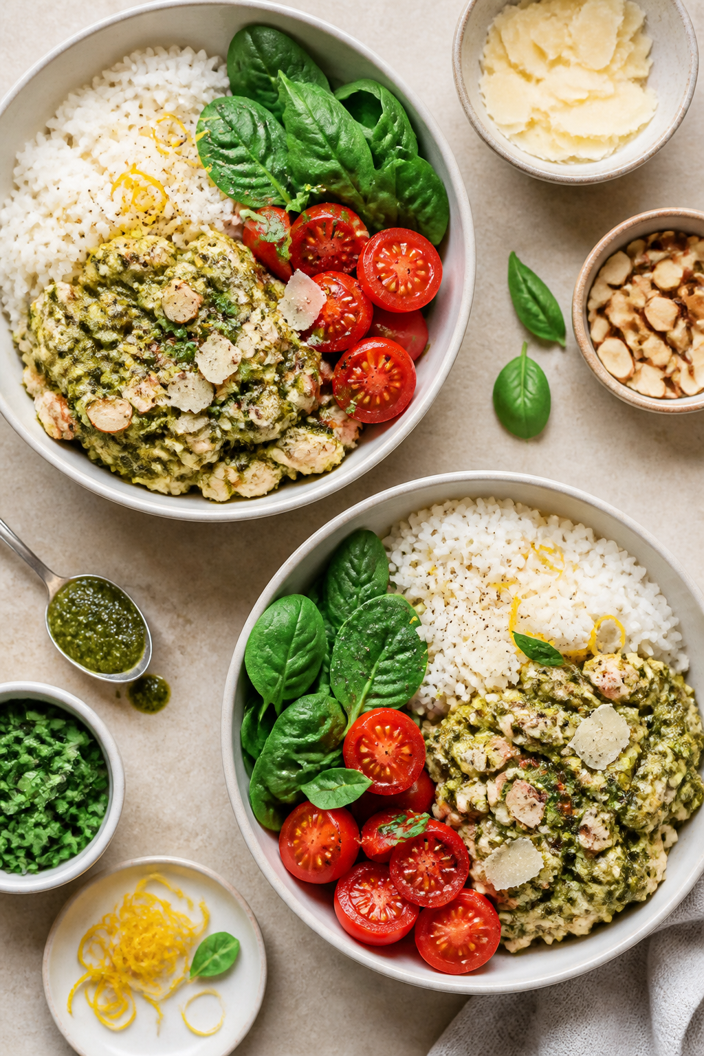 Tasty top view: Overhead shot of build-your-own creamy pesto bowls on a neutral tabletop: two assemb