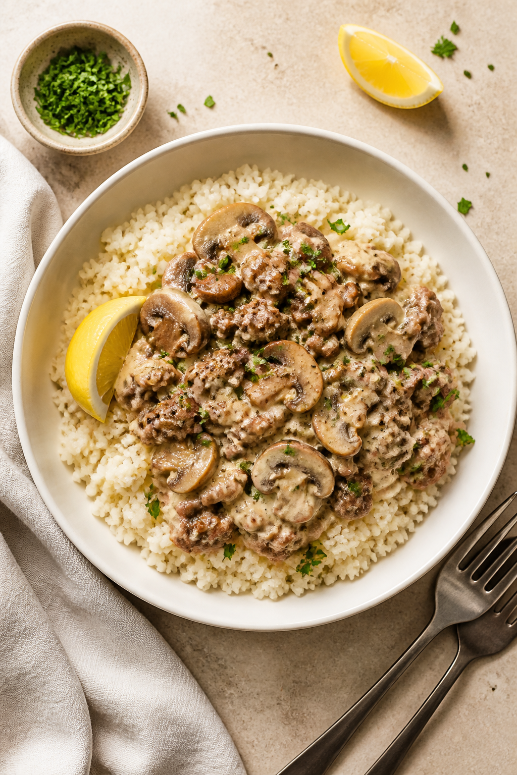 Tasty top view: Overhead shot of Creamy Keto Turkey Mushroom Skillet spooned over fluffy cauliflower