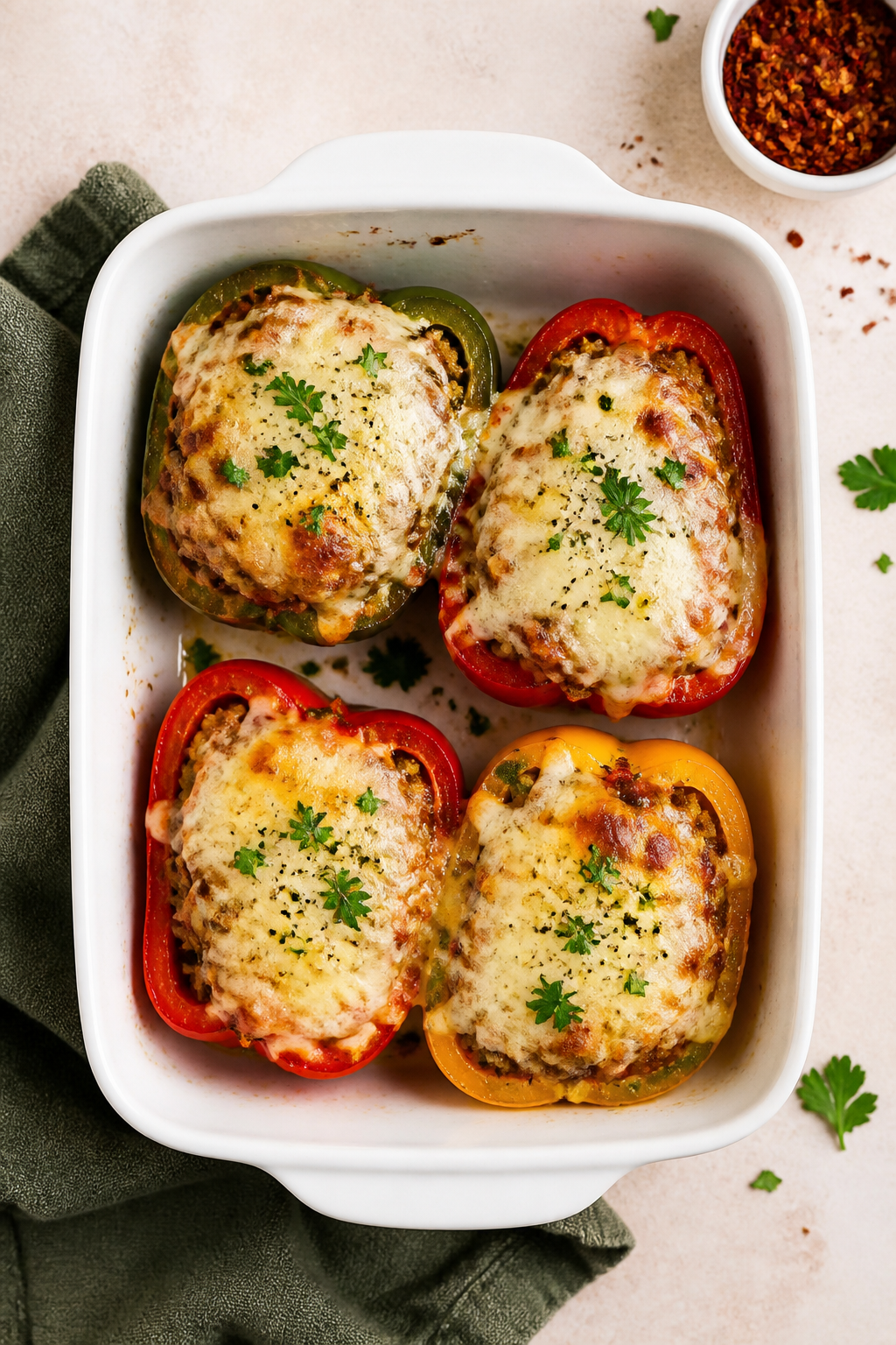 Tasty top view: Overhead shot of four colorful stuffed pepper halves (mix of green, red, and yellow)