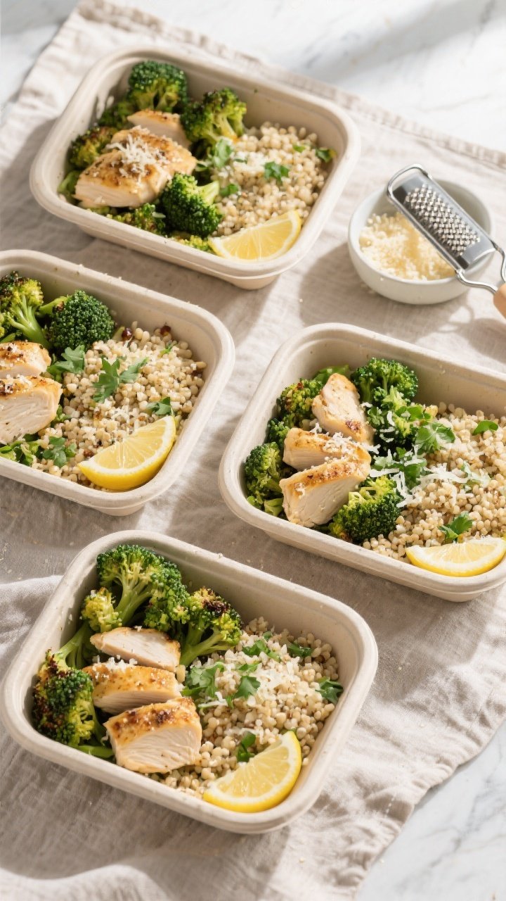 Tasty top view: Overhead shot of four meal prep containers neatly portioned with sliced garlic-Parme