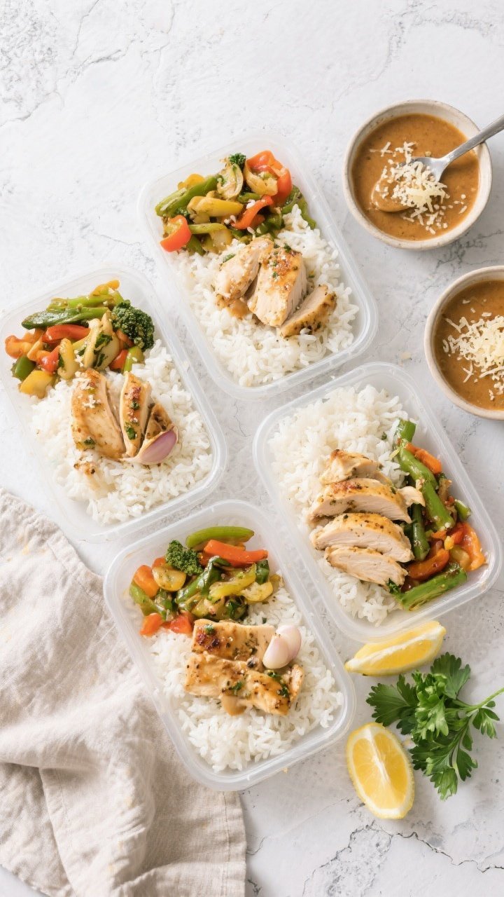 Tasty top view: Overhead shot of four meal prep containers filled with fluffy white rice topped with