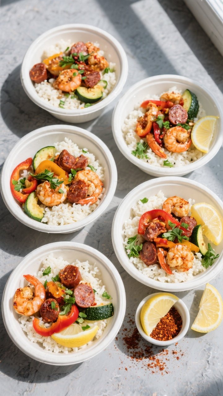 Tasty top view: Overhead shot of four neat meal-prep bowls filled with keto Cajun shrimp and sausage