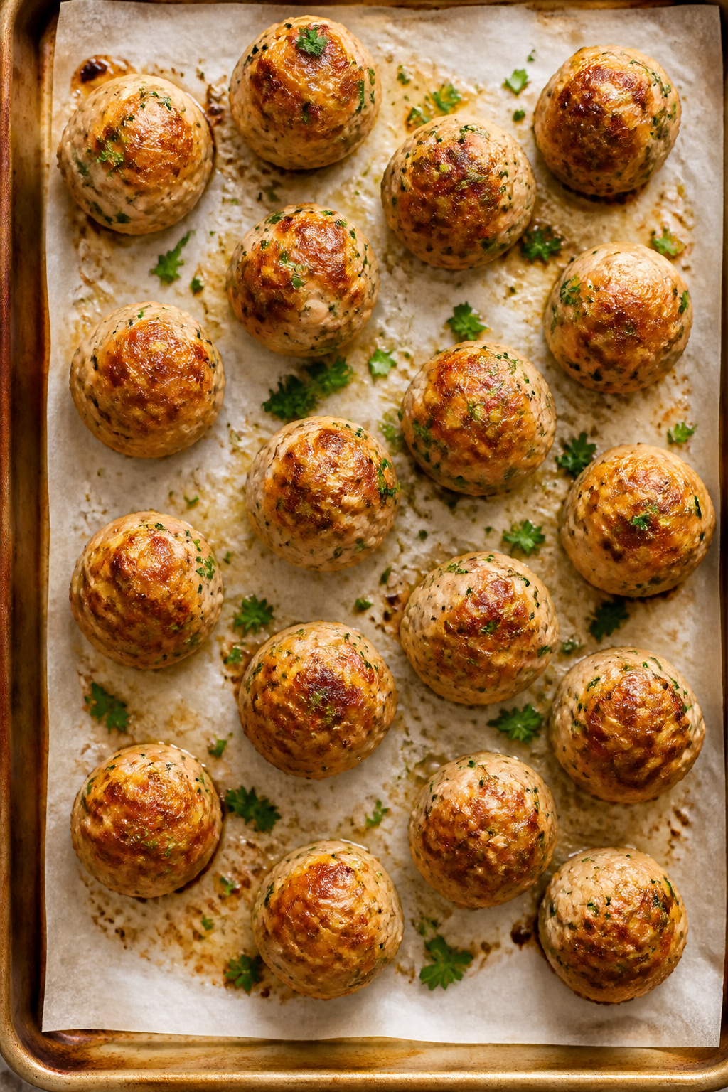 Tasty top view: Overhead shot of freshly baked turkey meatballs on a parchment-lined sheet pan, even