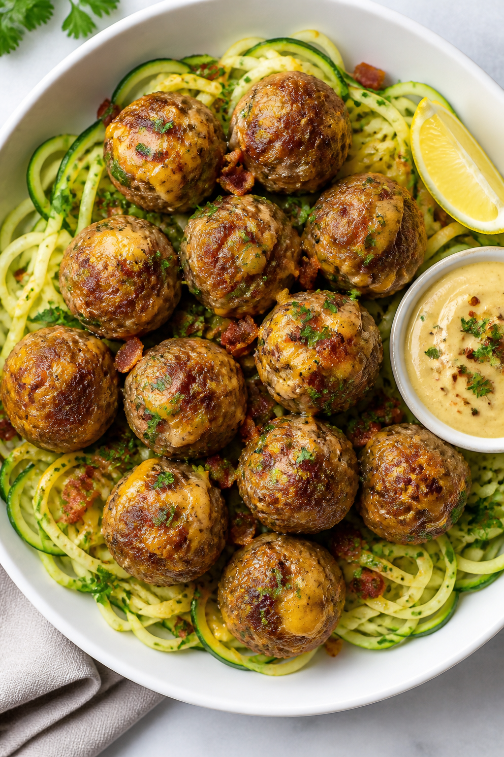 Tasty top view: Overhead shot of golf-ball-sized keto cheddar bacon meatballs arranged over buttery 