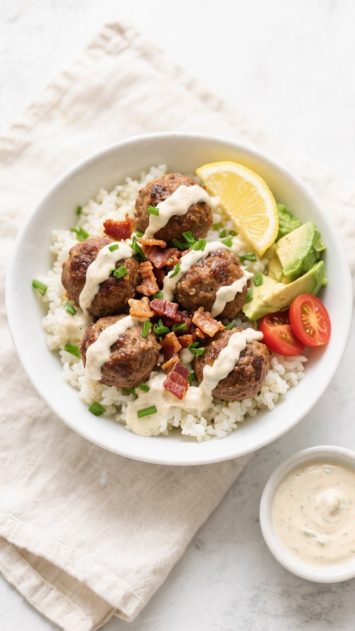 Tasty top view: Overhead shot of Keto Bacon Ranch Meatball Bowls assembled over fluffy cauliflower r