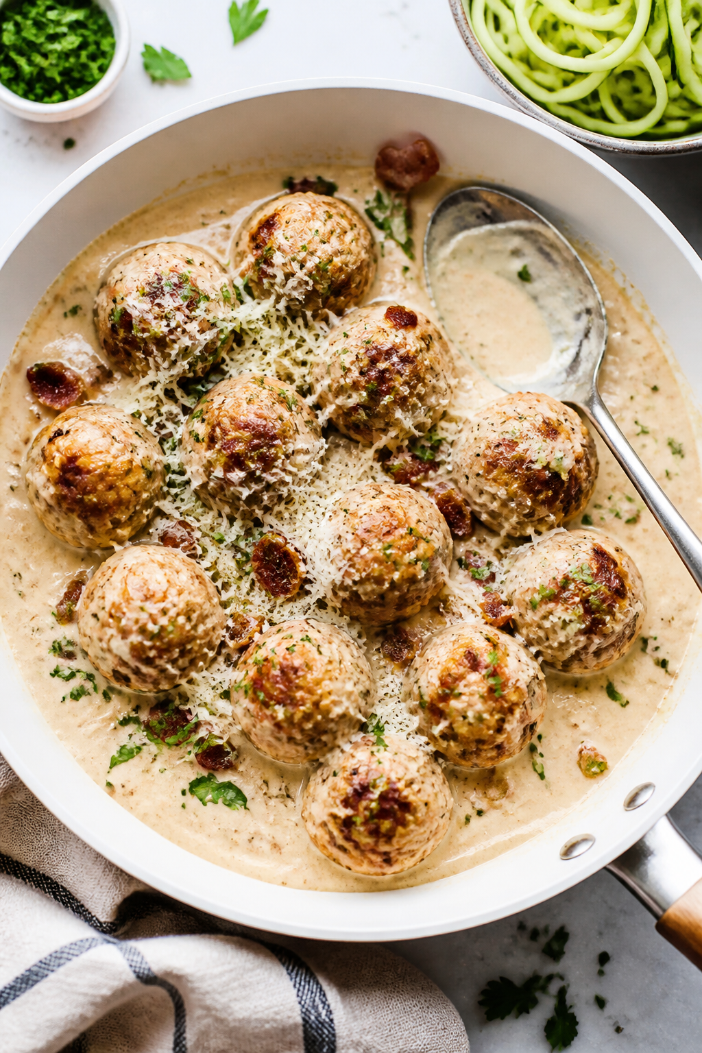 Tasty top view: Overhead shot of keto chicken bacon Alfredo meatballs nestled in a creamy Parmesan A