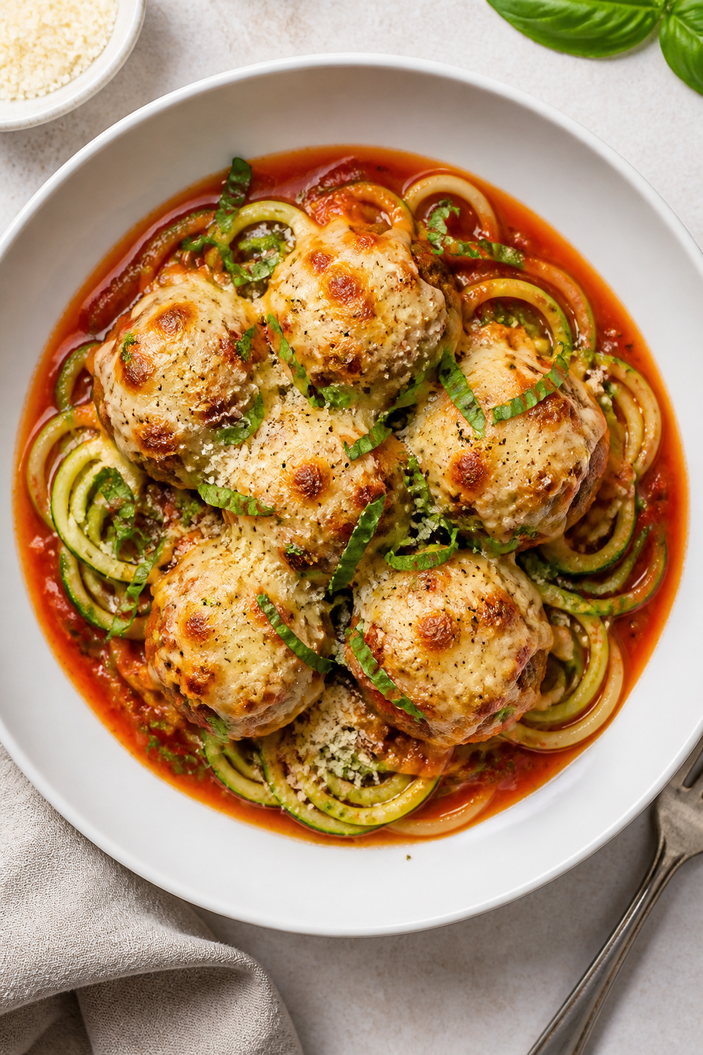 Tasty top view: Overhead shot of Keto Chicken Parmesan Meatballs served over twirled zucchini noodle