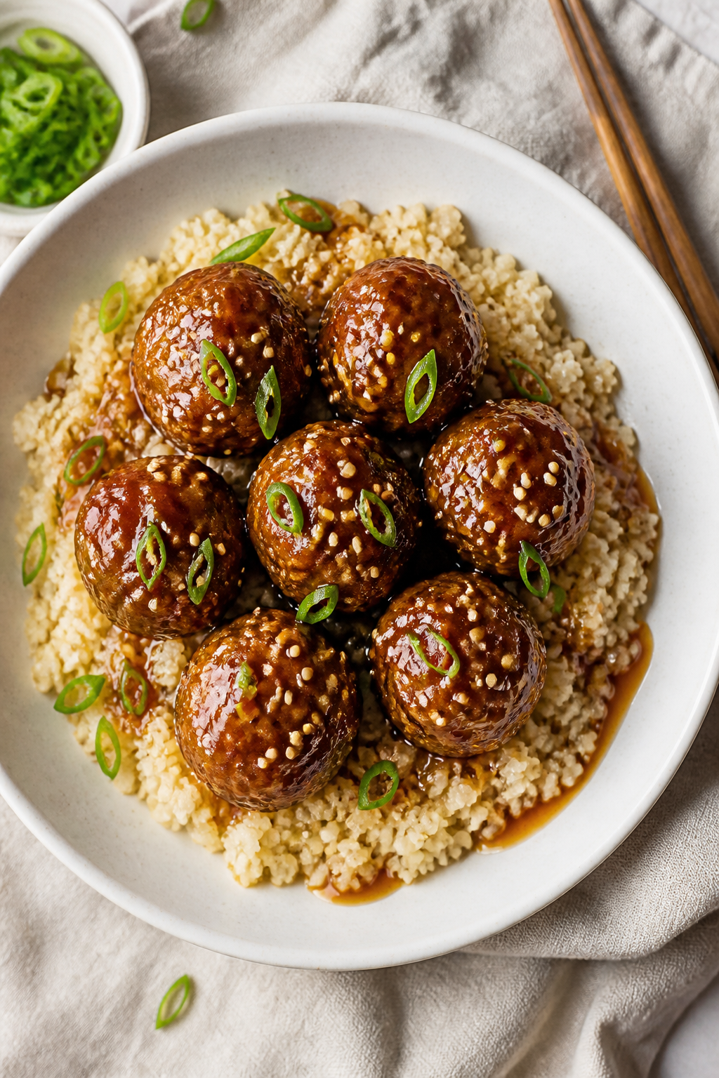 Tasty top view: Overhead shot of Keto Honey Garlic Meatballs nestled over fluffy cauliflower rice in