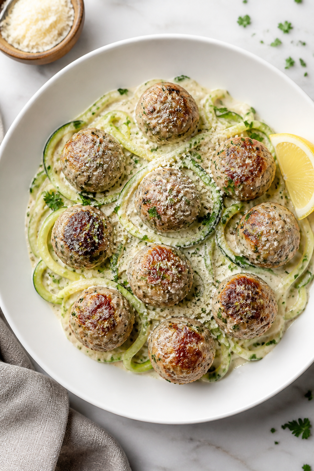 Tasty top view: Overhead shot of Keto Italian Meatballs in Cream Sauce served over zucchini noodles 