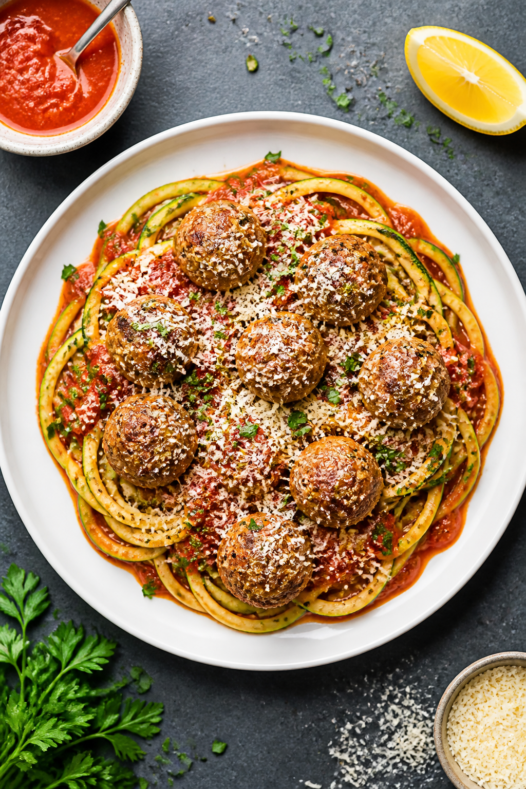 Tasty top view: Overhead shot of keto meatballs nestled over a bed of glossy zucchini noodles lightl