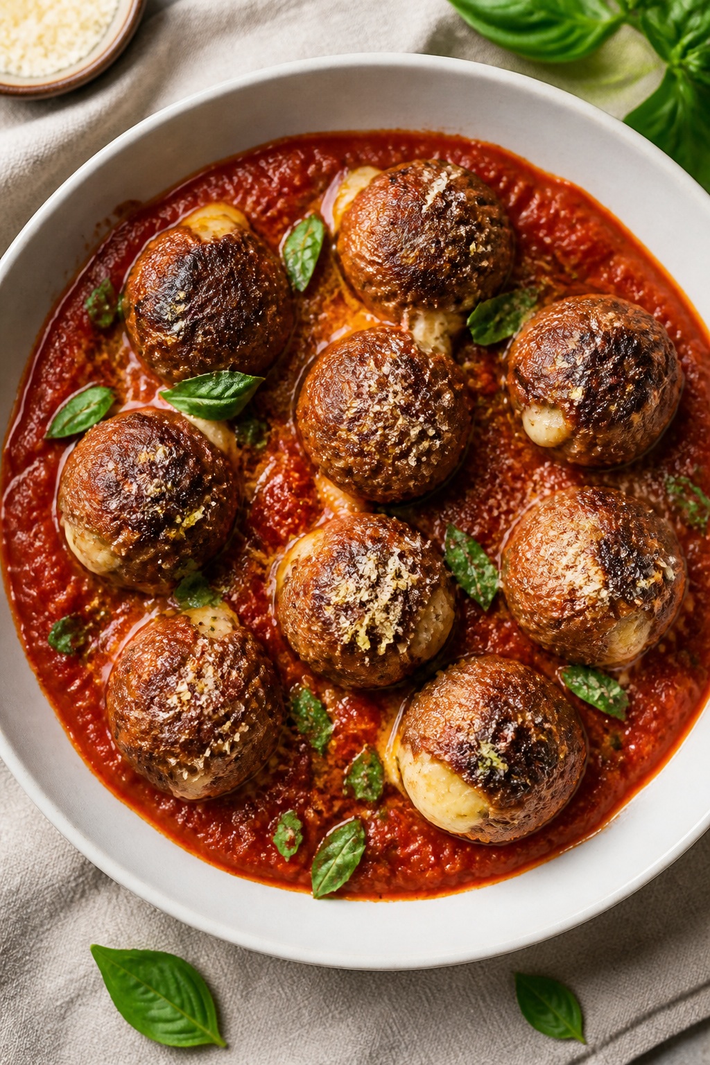 Tasty top view: Overhead shot of keto mozzarella stuffed meatballs nestled in a wide, shallow white 