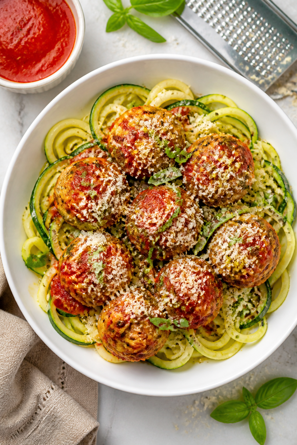 Tasty top view: Overhead shot of Keto Parmesan Crusted Meatballs tossed lightly with low-sugar marin