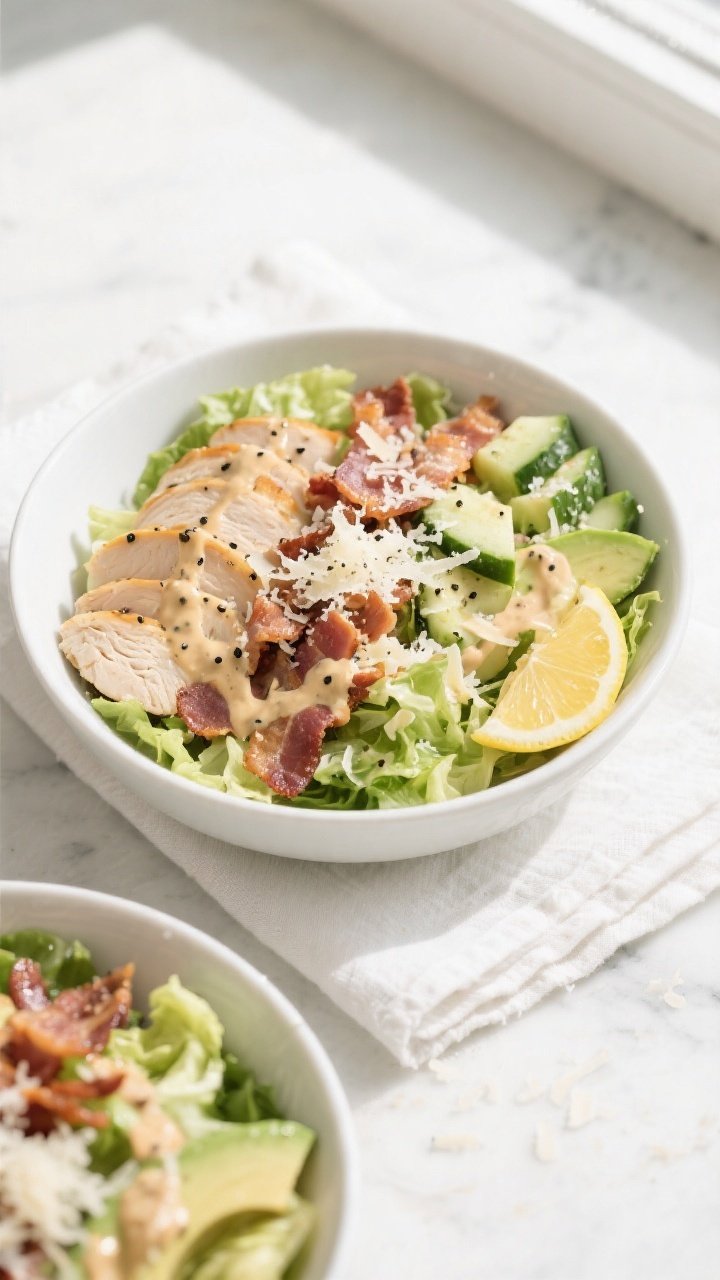 Tasty top view: Overhead shot of Low Carb Chicken Bacon Caesar Bowls assembled in wide, shallow whit