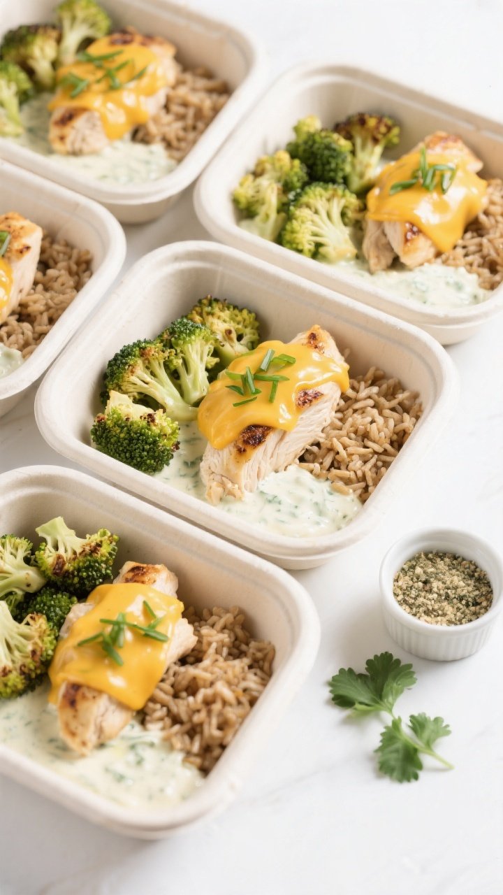 Tasty top view: Overhead shot of meal-prep containers neatly arranged, each with sliced cheesy ranch