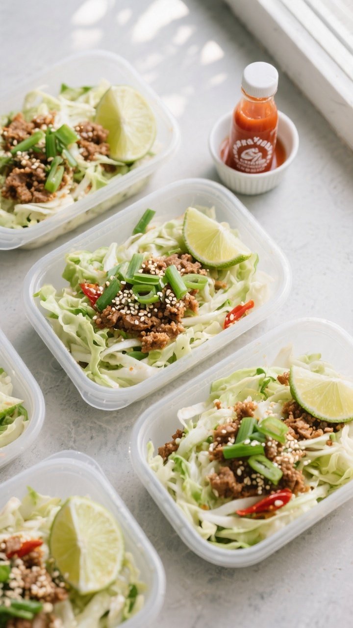 Tasty top view: Overhead shot of meal-prep containers neatly filled with keto crack slaw, each porti
