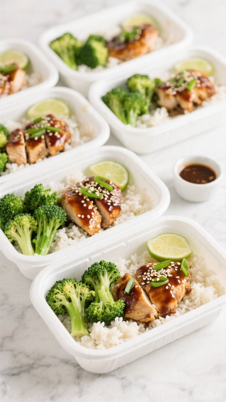 Tasty top view: Overhead shot of meal prep containers neatly arranged, each with a bed of fluffy cau