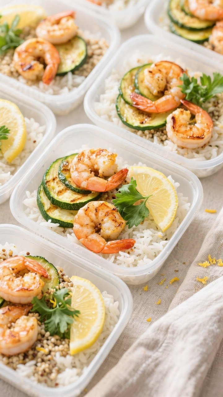 Tasty top view: Overhead shot of meal-prep containers neatly filled with garlic butter shrimp and zu