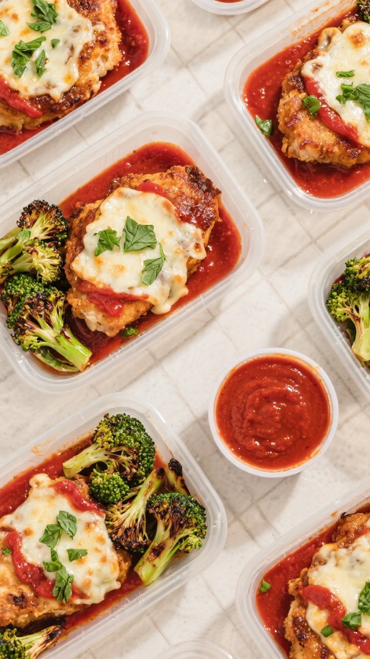Tasty top view: Overhead shot of meal prep containers filled for the week—one mozzarella-melted Ke