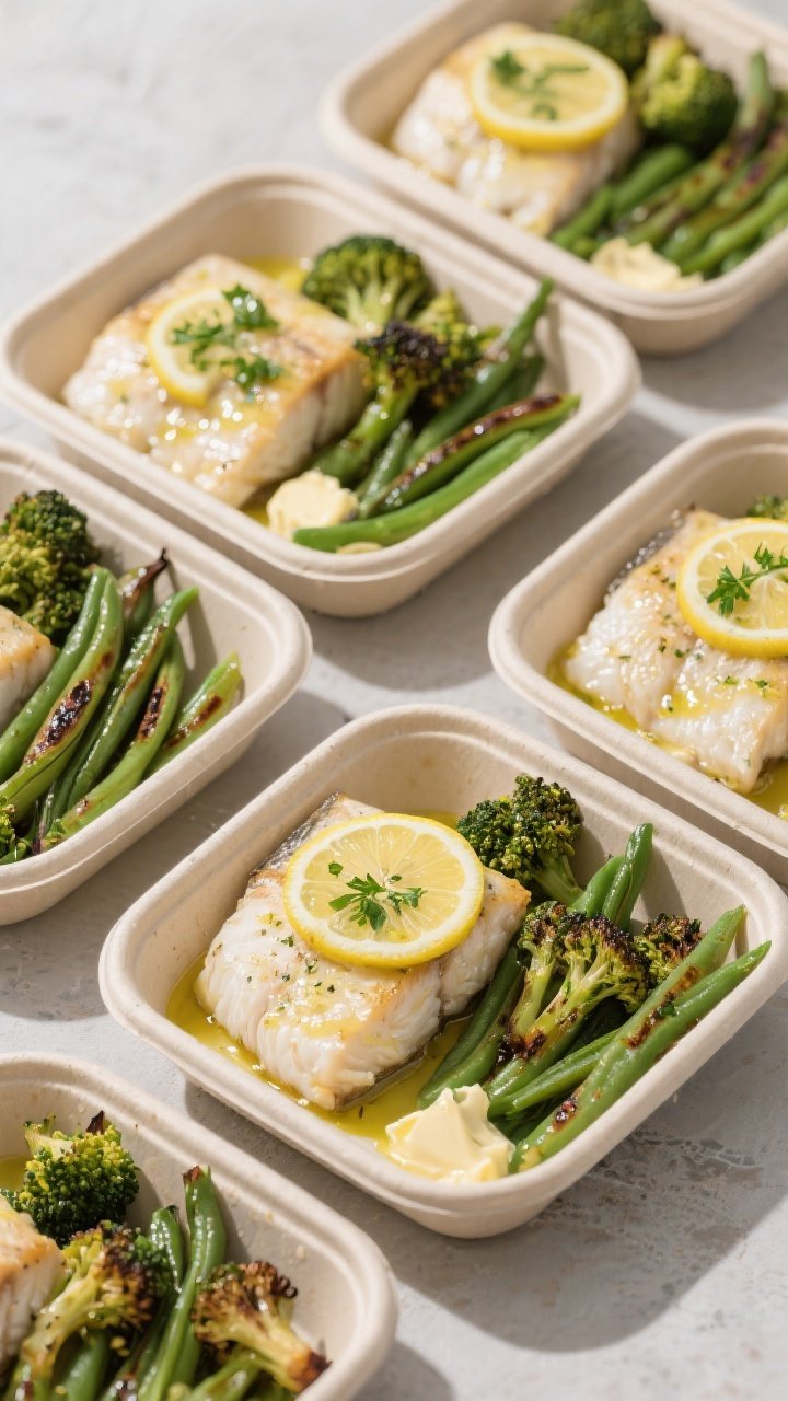 Tasty top view: Overhead shot of meal-prep containers neatly arranged, each with a portioned tilapia