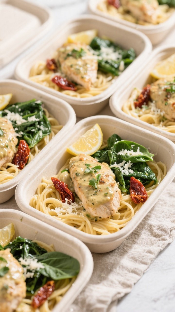 Tasty top view: Overhead shot of meal-prep containers neatly arranged, each with a bed of al dente p