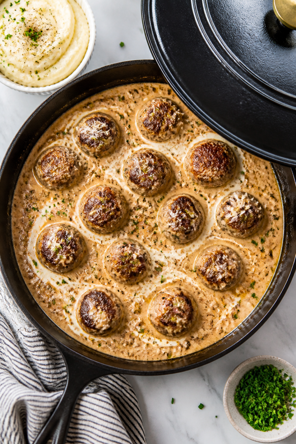 Tasty top view: Overhead shot of meatballs finishing in sauce—skillet partially covered, sauce red