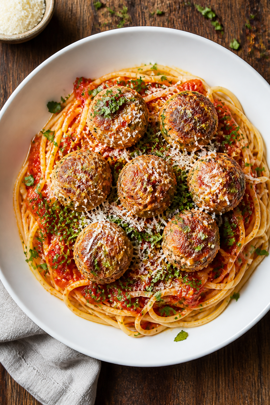 Tasty top view: Overhead shot of spaghetti with warm marinara topped with the turkey-cream-cheese me