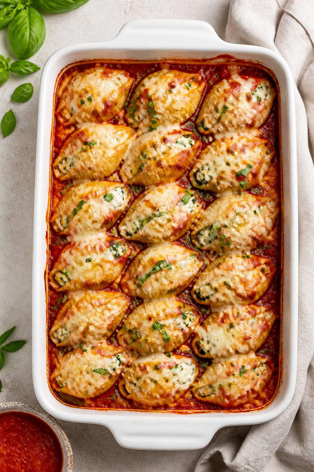 Tasty top view: Overhead shot of the assembled Keto Turkey Spinach Stuffed Shells in a 9x13 baking d