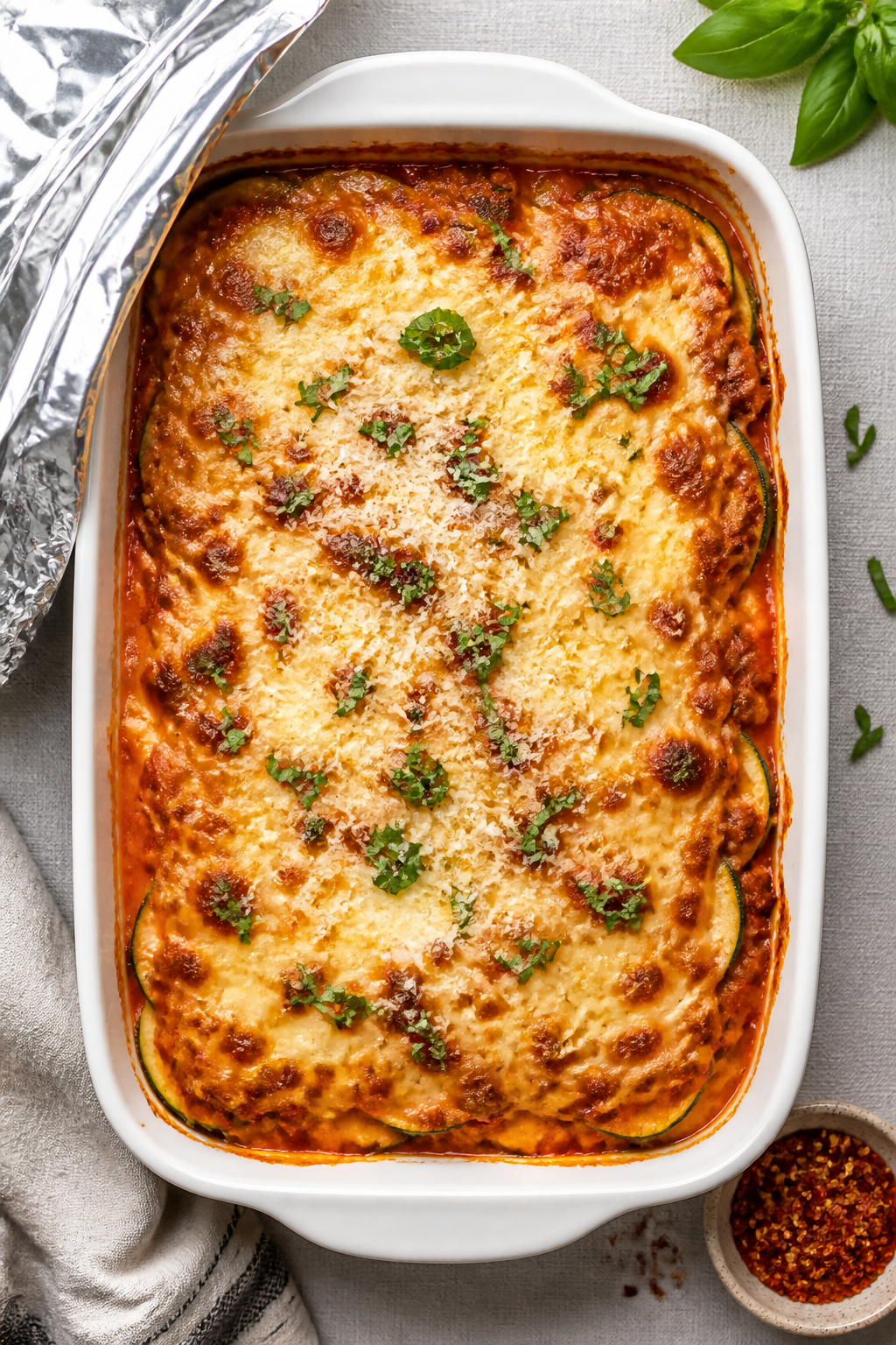 Tasty top view: Overhead shot of the baked Ground Turkey Parmesan Zucchini Bake in a 9x13 dish, chee