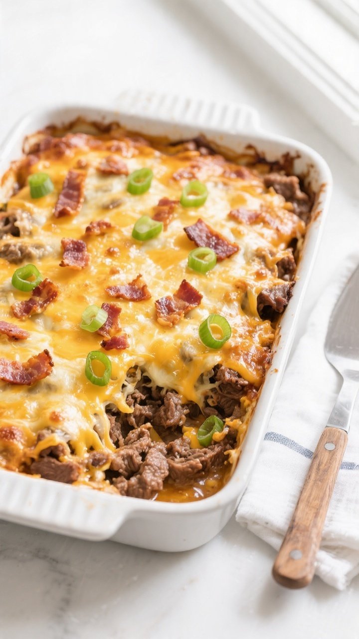 Tasty top view: Overhead shot of the baked Keto Crack Beef Casserole in a 9x13 dish, cheese melted a