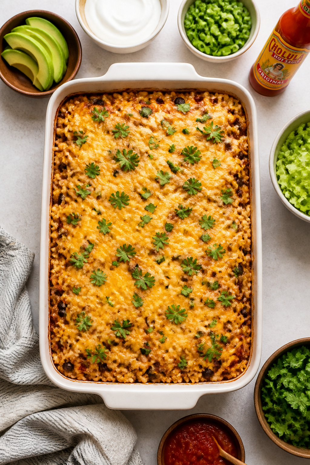 Tasty top view: Overhead shot of the casserole in a 9x13 baking dish, cheese fully melted and lightl