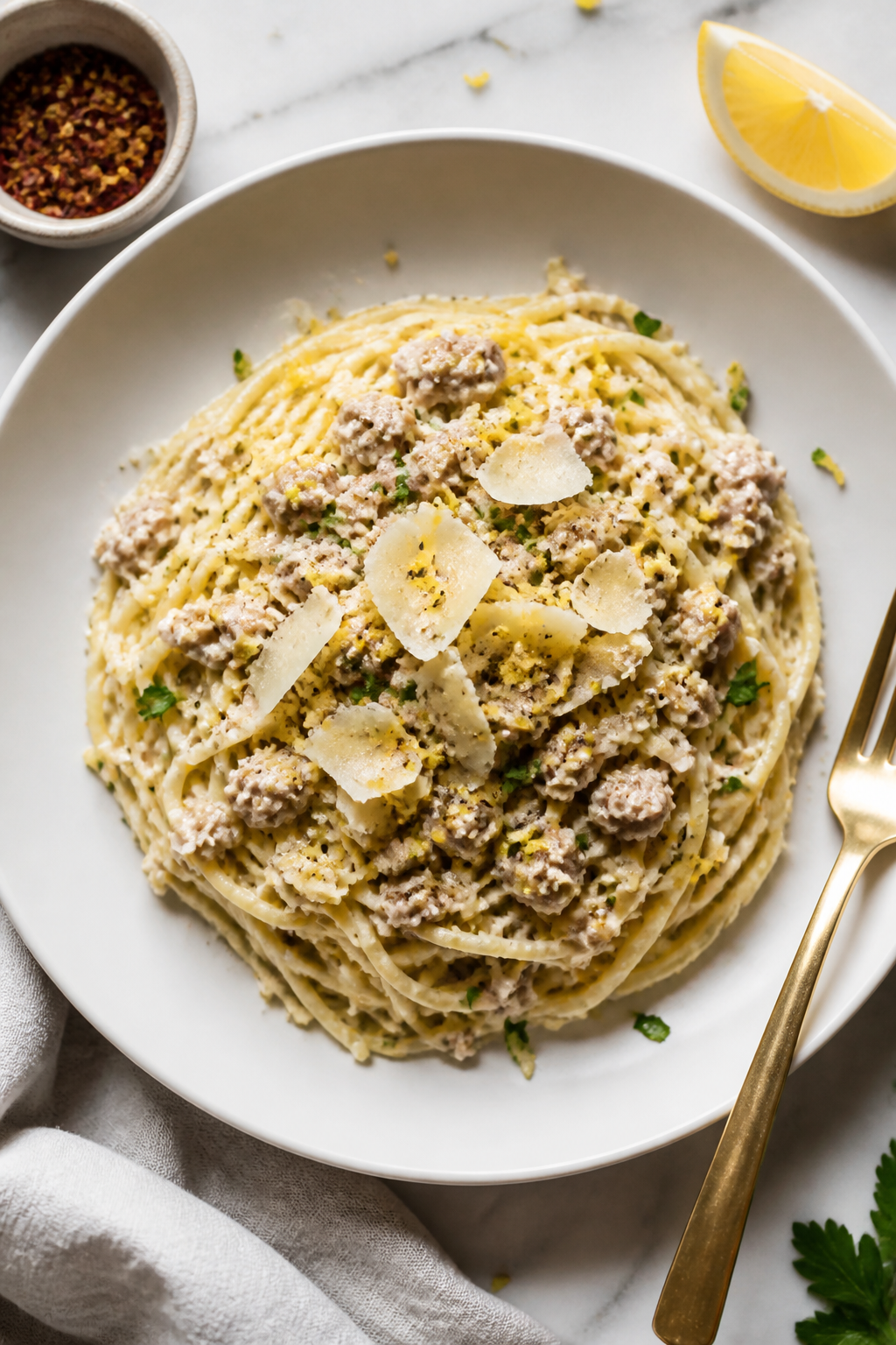 Tasty top view: Overhead shot of the final plated Ground Turkey Alfredo Spaghetti Squash in a wide, 