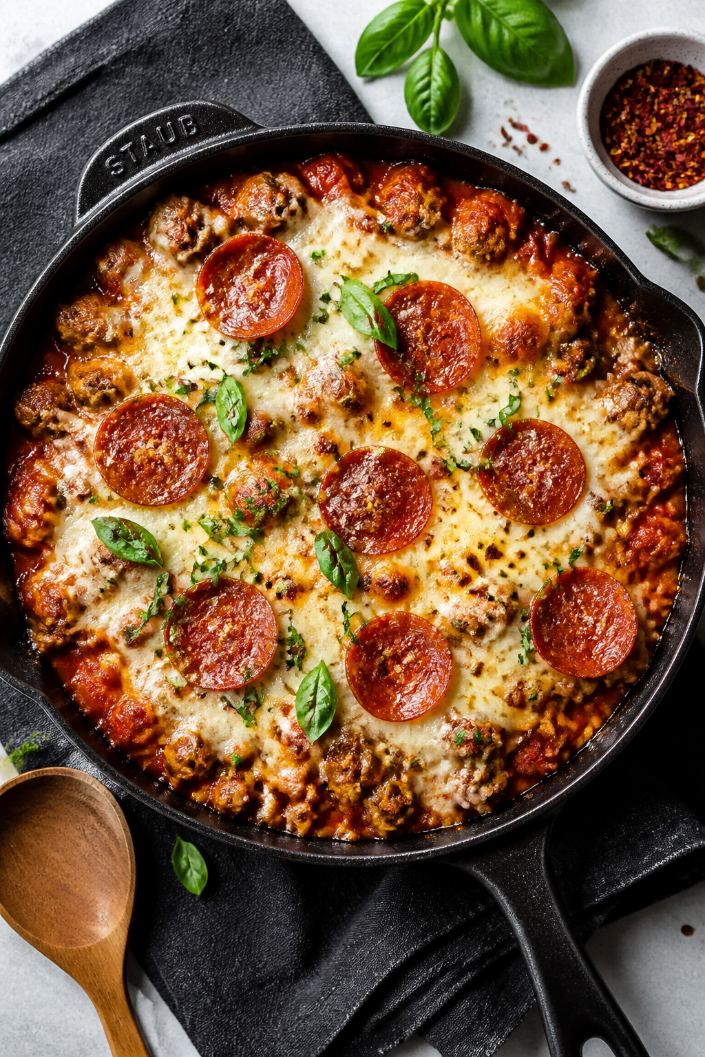 Tasty top view: Overhead shot of the finished Ground Turkey Pizza Skillet with a broiled, golden-bub