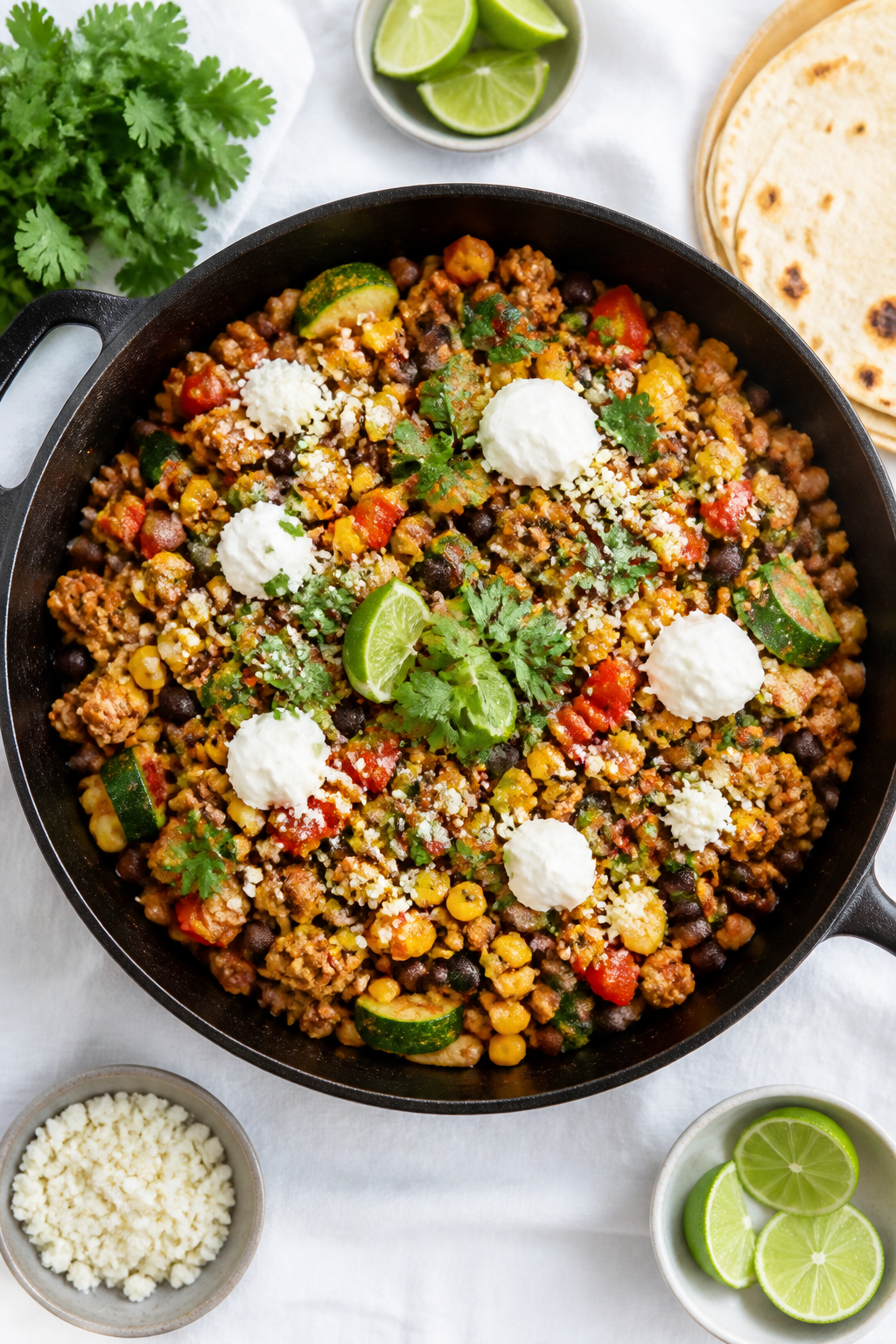 Tasty top view: Overhead shot of the finished Ground Turkey Southwest Skillet served family-style in
